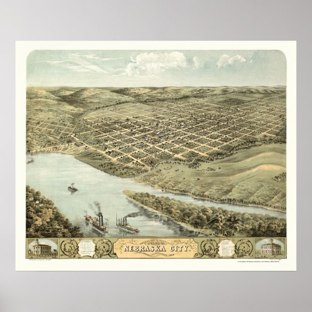 Poster Nebraska City, NE Carte panoramique - 1868 (Devant)