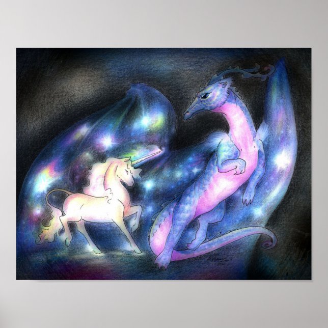 Poster Nébuleux : licorne et dragon (Devant)