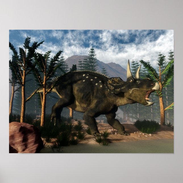 Poster Nedoceratops rugissant en cours d'exécution - rend (Devant)