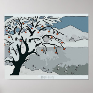 Poster Neige, arbre et montagne japonais