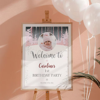 Poster Neige rose gris hiver 1er anniversaire Bienvenue P