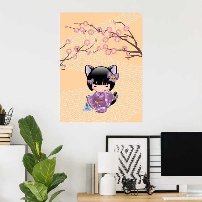 Poster Neko Kokeshi Poupée - Cat Ears Geisha Girl (Bureau à domicile)