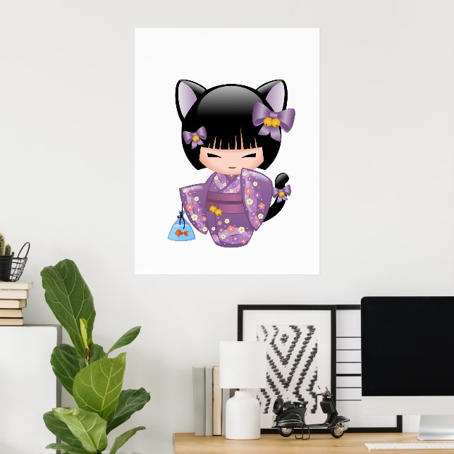Poster Neko Kokeshi Poupée - Cat Ears Geisha Girl (Bureau à domicile)