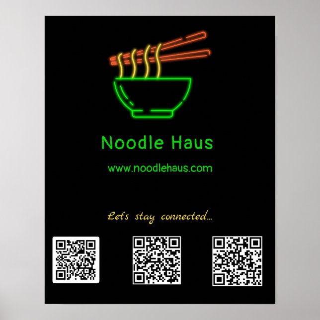 Poster Neon Asian Noodle Bowl Social Media QR Codes (Devant)
