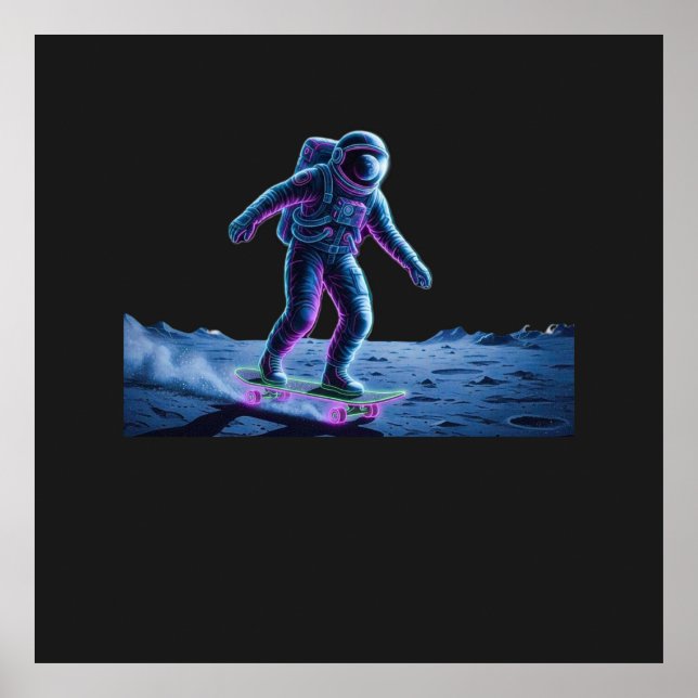 Poster Neon Astronaut Skateboarding on the Moon (Devant)