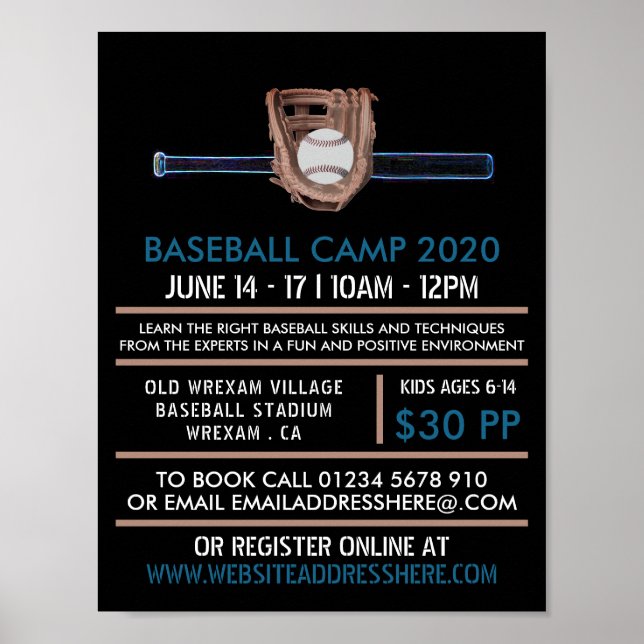 Poster Neon Baseball Bat & Gear, Camp de Baseball Advert (Devant)