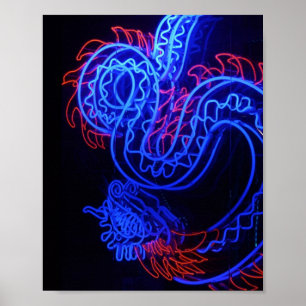 Poster Neon Blue Dragon Black Arrière - plan brillant