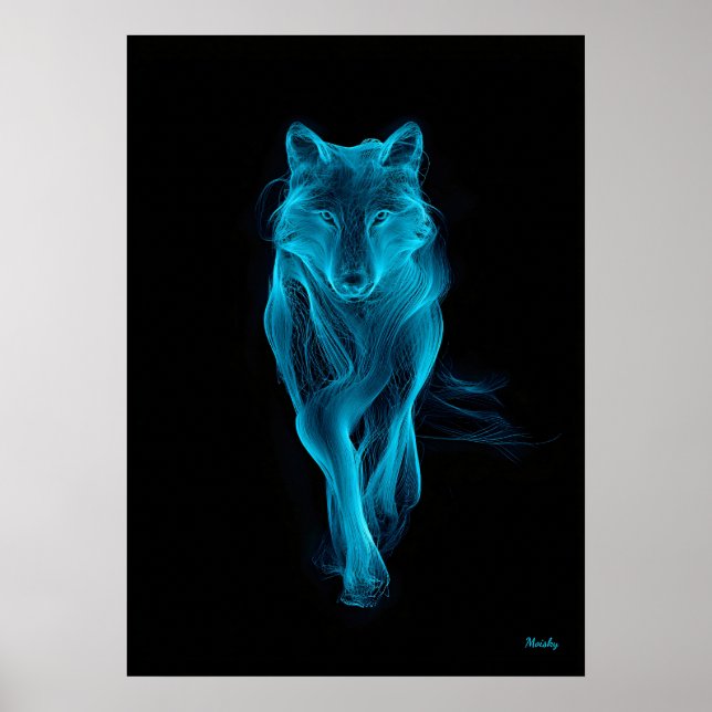 Poster Neon Blue Wolf Futuristic Filament Wall Art (Devant)