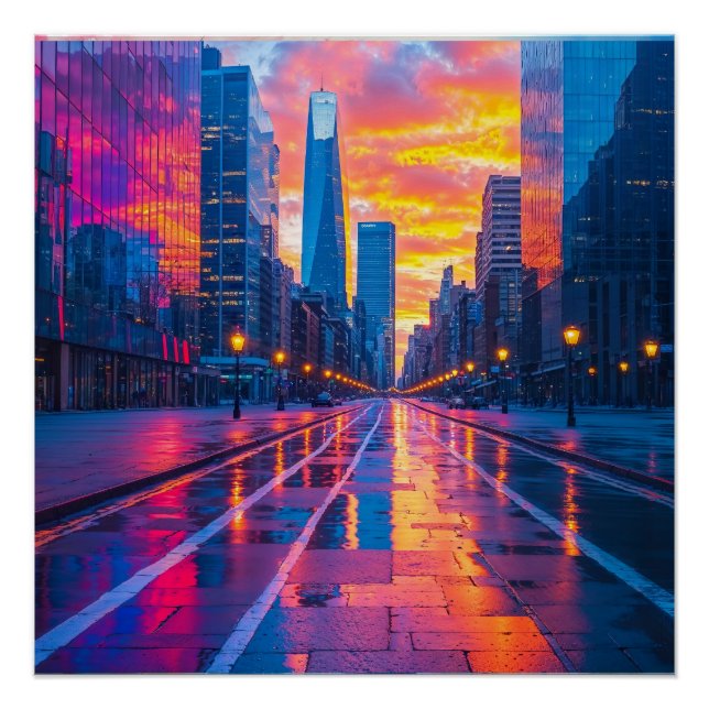 Poster Neon Cityscape at Sunset Futuristic Urban (Devant)
