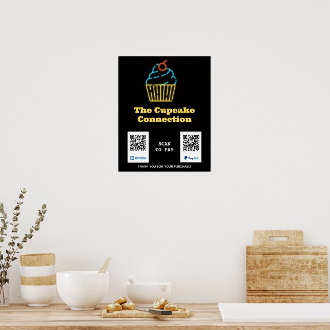 Poster Neon Cupcake Scan to Pay QR Code Sign (Cuisine)