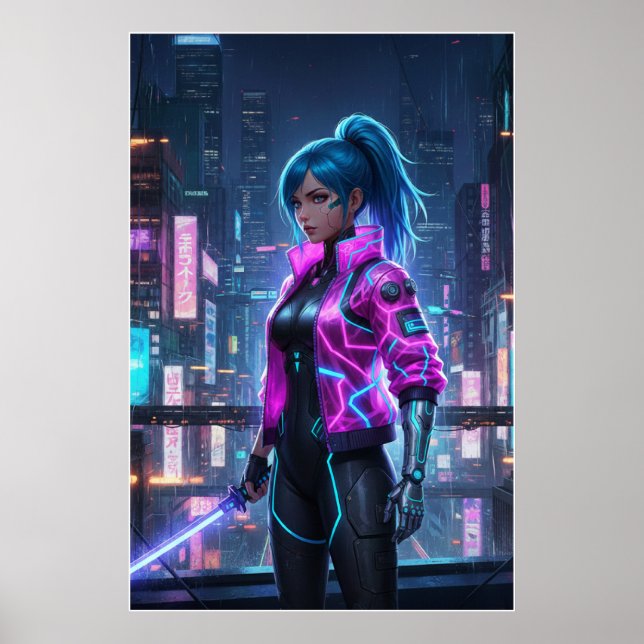 Poster Neon Cyberpunk Girl | Futuristic City Warrior (Devant)