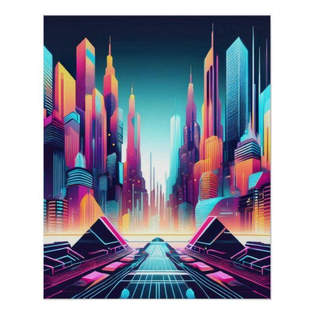 Poster Neon Futuristic Cyber City Art (Devant)