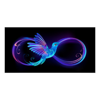 Poster Neon Infinity Symbol with Glowing Hummingbird