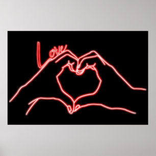 Poster Neon Love Hand Heart Line Art Drawing Cute Modern