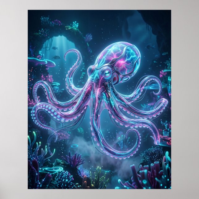 Poster Neon Octopus Data Reef (Devant)