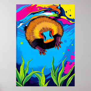Poster Neon Platypus Splash sous l'eau - Aussie colorée