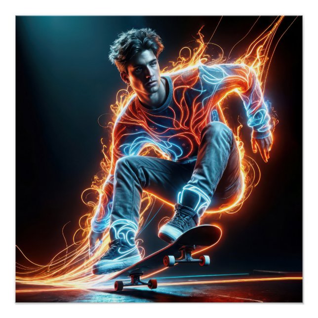 Poster Neon Skateboarder Sur Noir (Devant)