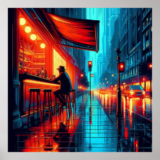 Poster Neon Solitude : Nuit pluvieuse au City Cafe