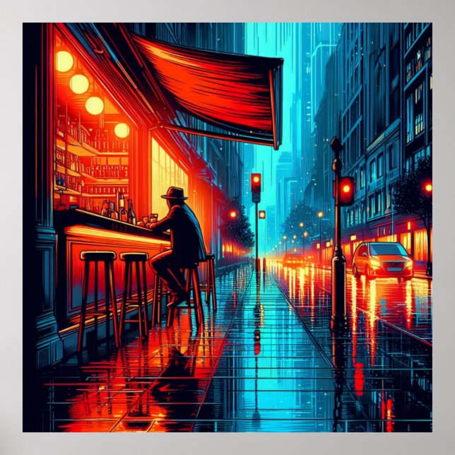 Poster Neon Solitude : Nuit pluvieuse au City Cafe (Devant)