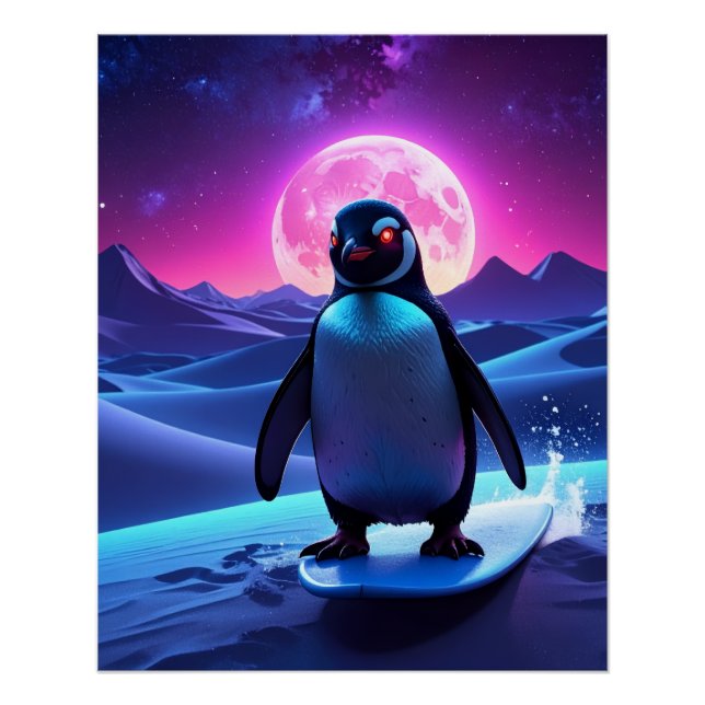 Poster Neon Surf Penguin (Devant)