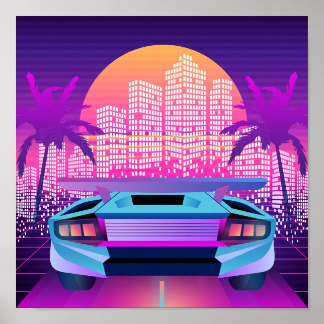Poster Neon Vaporwave City Sunset et voiture 80s rétro (Devant)