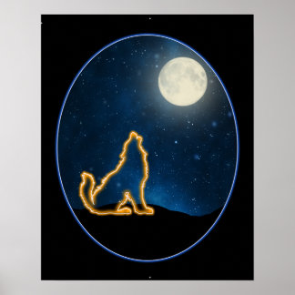 Poster Neon Wolf Howls at the Moon