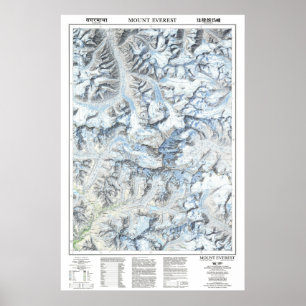 Poster " Népal/Chine : 1988 Mont Everest detailed map ...