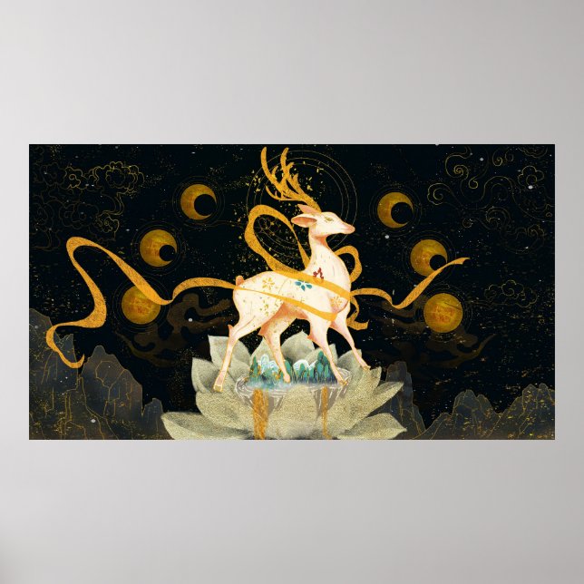 Poster Neuf Cerf couleur chinois doré (Devant)