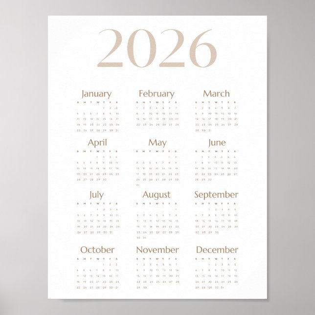 Poster Neutral Beige 2026 Calendar Minimalist One-Page (Devant)