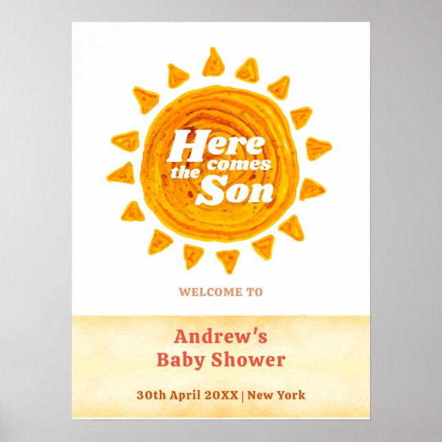 Poster Neutral Here Come Boho Baby shower accueil (Devant)