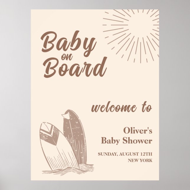 Poster Neutral Minimal Boho Surfboard Baby shower Bienven (Devant)