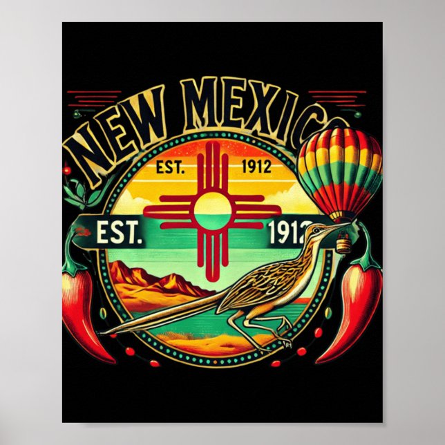 Poster New Mexico Zia Symbol, Roadrunner &amp; Chile Pepp (Devant)