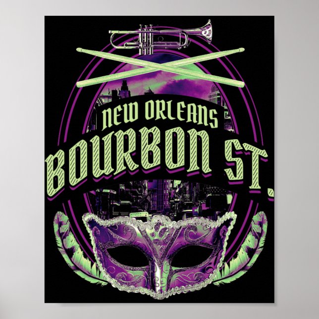 Poster New Orleans Bourbon Street Mardi Gras French Quart (Devant)