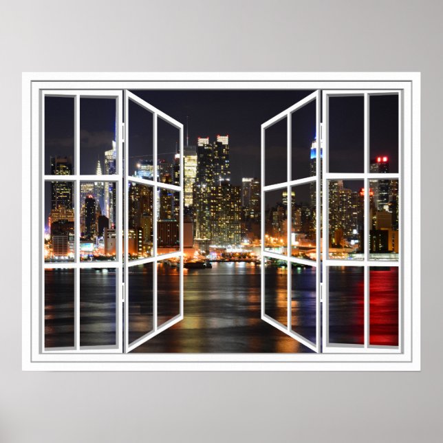 Poster New York At Night White 24 Volet Open Window Poste (Devant)