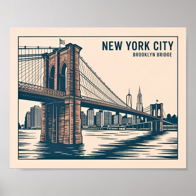 Poster New York Brooklyn Bridge Skyline Bold Retro Travel (Devant)