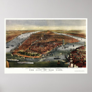 Poster New York, carte panoramique de NY - 1870