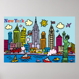 Poster New York Cartoon Visite Les Bâtiments