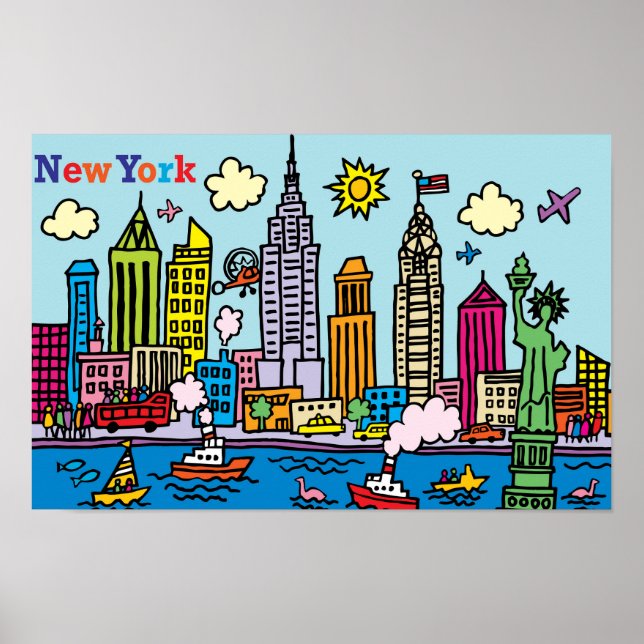 Poster New York Cartoon Visite Les Bâtiments (Devant)