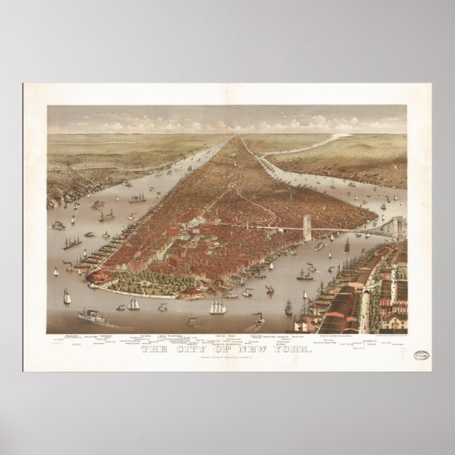 Poster New York City 1884 Carte panoramique antique (Devant)