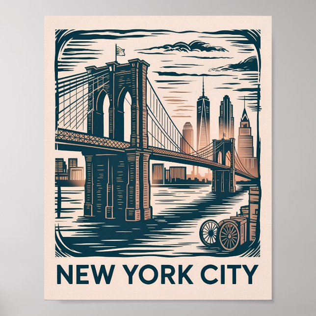 Poster New York City Brooklyn Bridge Bold Retro Skyline (Devant)