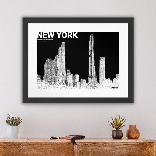 Poster New York City Centre Park Skyline Travel Sketch (New York City Cental Park Skyline Travel Sketch Poster)