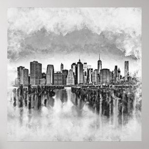Poster New York City Manhattan Skyline - noir et blanc