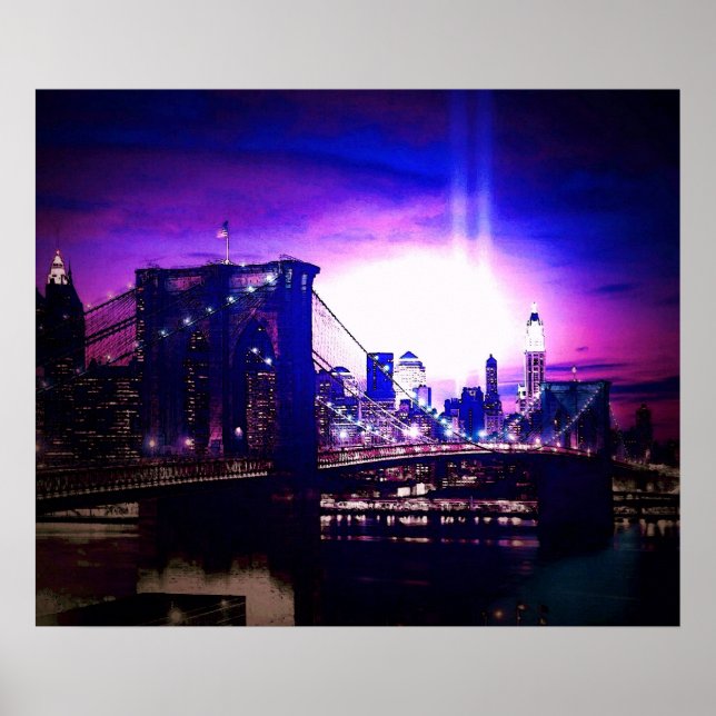 Poster New York City Night Brooklyn Bridge (Devant)