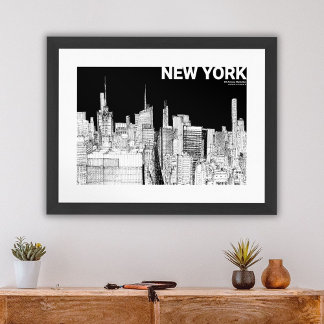 Poster New York City Skyline Noir Blanc Esquisse Mate