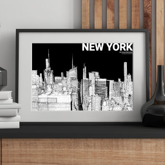 Poster New York City Skyline Sketch Black White Mate