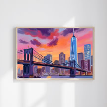 New York City Watercolor Skyline Bridge Painting