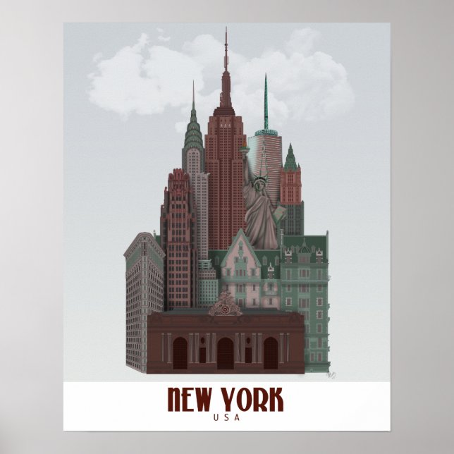 Poster New York dans les nuages - Rouge foncé et vert (Devant)