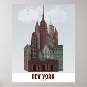 Poster New York en nuages - rouge foncé et verts