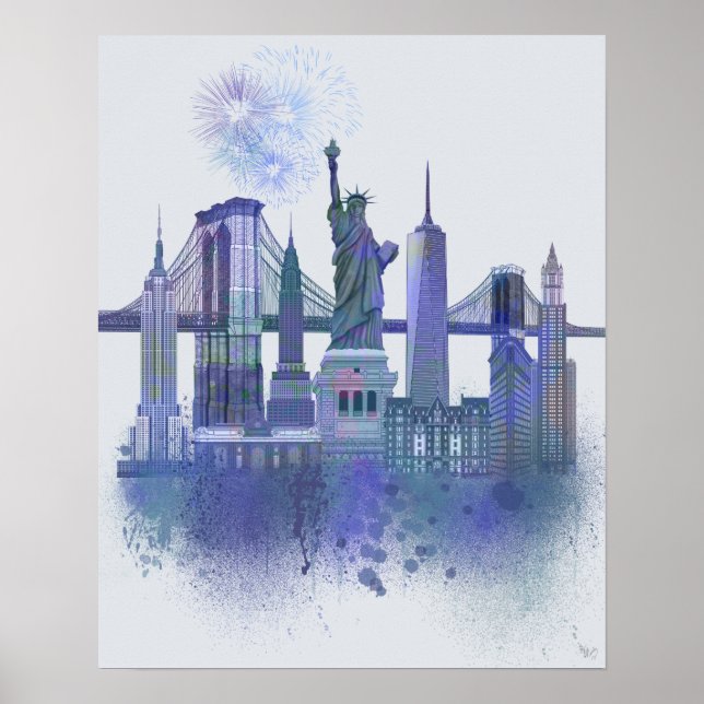 Poster New York Skyline - Aquarelle bleue (Devant)