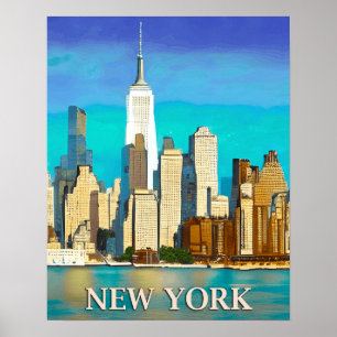 Poster New York Skyline en bleu Cobalt et Tan